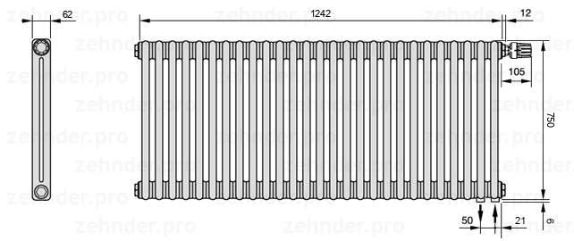 Схема (чертеж) Радиатор Zehnder Charleston 2075/27 №V002 Белый глянцевый RAL 9016